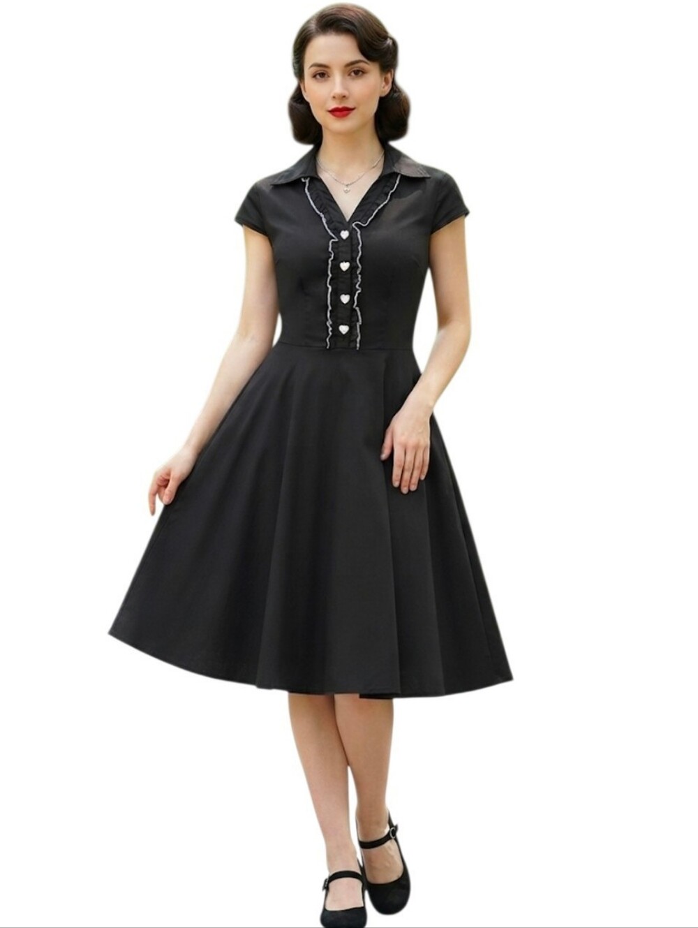 Wedtrend Black Ruffle-Trim Midi Dress with Heart Buttons